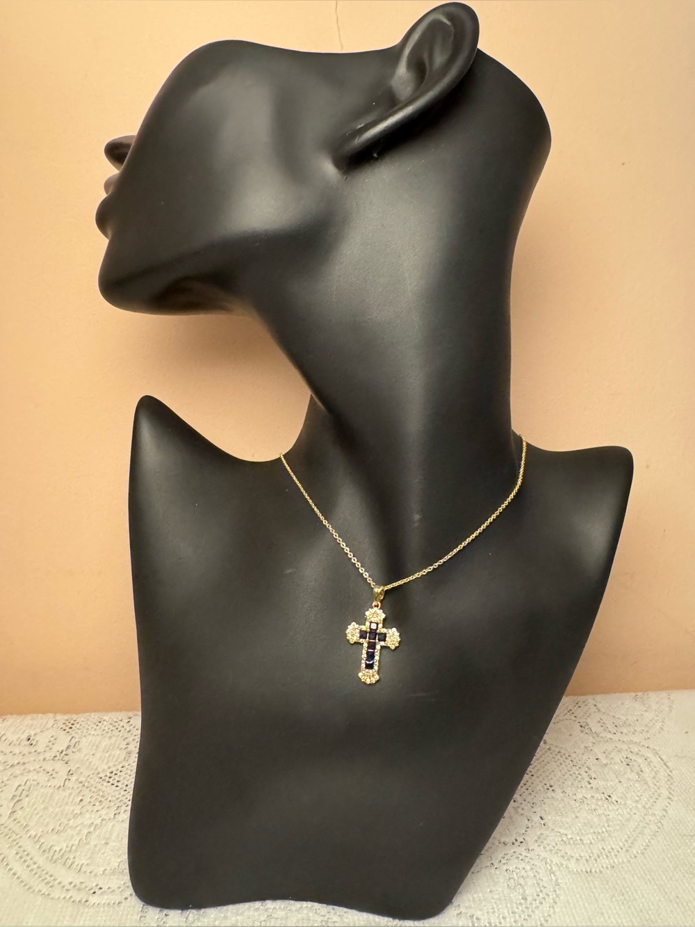 Adina Eden Gold Cross Pendant Necklace with Dark Blue Cz Stones